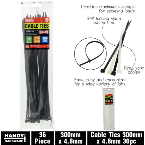 Cable Ties Black 4.8mm x 300mm 36pcs