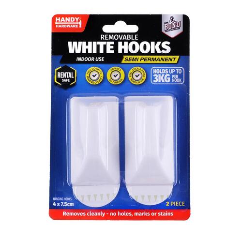Removable Hooks Rectangle Plastic 75mm x 40mm 2pk (Holding Weight 3kg) 