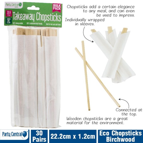 Eco Chopsticks Birchwood 22.2cm x 1.2cm 30pairs