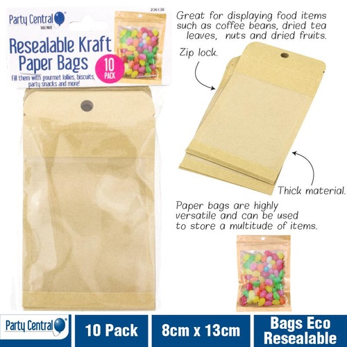 Resealable Kraft Paper Bags 10pk 8cm x 13cm