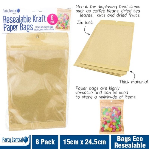 Resealable Kraft Paper Bags 6pk 15cm * 24cm