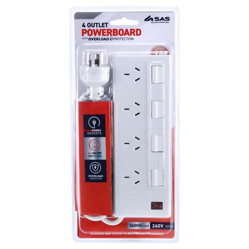 Power Board 4 Outlets with Individual Swith & Overload Protection 1 Meter Cord White 240V 10A Max Load 2400W