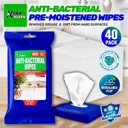 Anti-Bacterial Wipes 16cm x 20cm 40pk