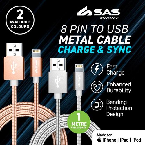 Charge & Sync Metal 8 Pin Cable 1m- Suitable for iPhone 