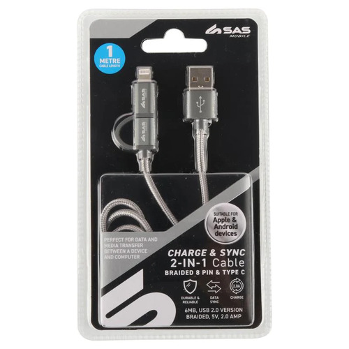 Apple & Android Charge & Sync 2-IN-1 Cable Braided 8 Pins & Type C