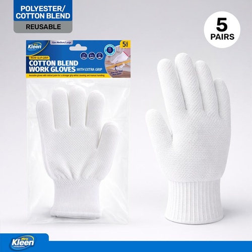 Gloves Cleaning Cotton Blend with Dotted Grip - 5 Pairs - White M/L 