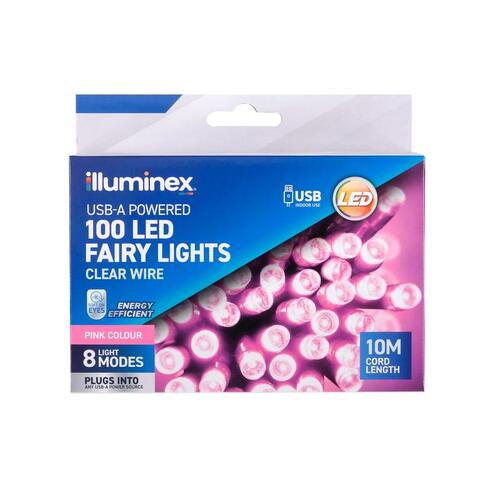 Pink Fairy Lights USB Operated 100 LED 10m