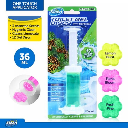 Toilet Gel Discs & Dispenser 36mL (12 Applications) 3 Assorted Scents: Floral Bloom, Fresh Pine, Lemon Burst 