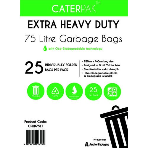 CTN 250pk Caterpak Extra Heavy Duty Garbage Bin Bags 73Lt