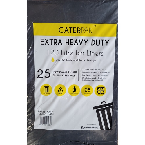 Caterpak™ Heavy Duty 120 Litre Garbage Bags Black 25pcs (Oxo-Biodegradable)