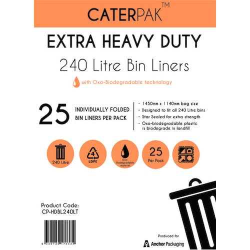 Caterpak™ Heavy Duty 240 Litre Garbage Bags Black (Oxo-Biodegradable)