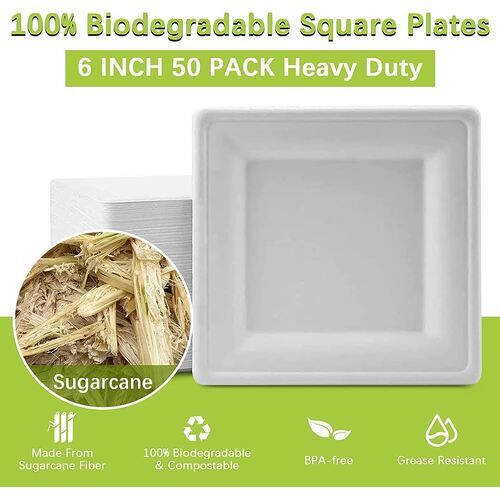 50PK Sugarcane 6" Square Plates 