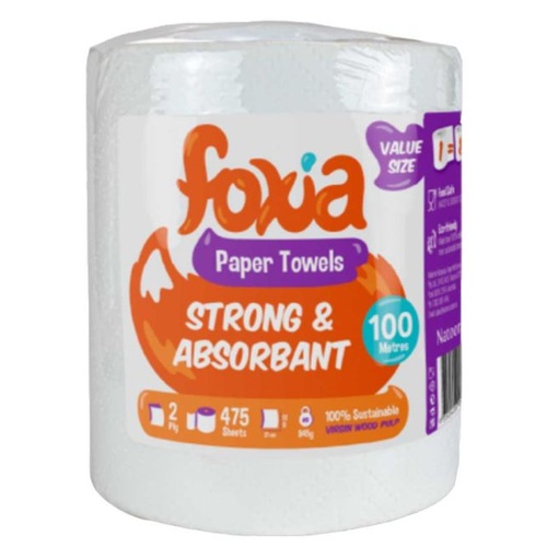 Foxia Paper Towel Strong & Absorbant 2PLY 475 Sheets 100m