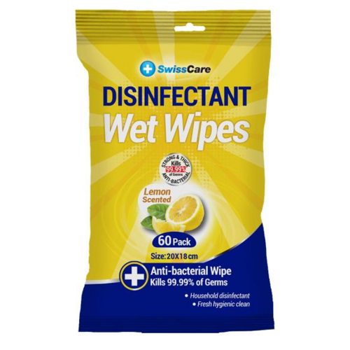 Swisscare Antibacterial Disinfectant Wet Wipes Lemon 60 Pack