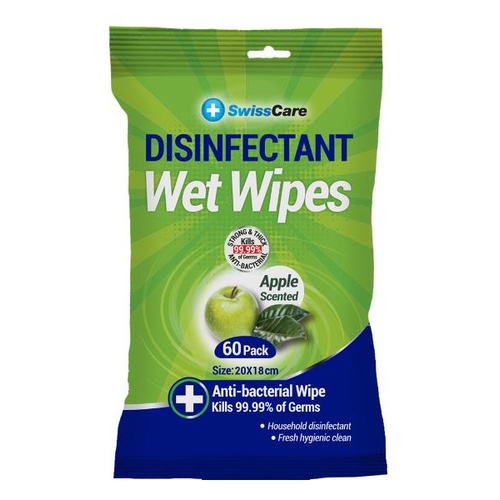 Swisscare Antibacterial Disinfectant Wet Wipes Apple 60 Pack