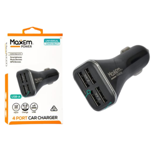 Quad USB Car Charger 4.8A Shared 1 Piece Black Universal Compatibility